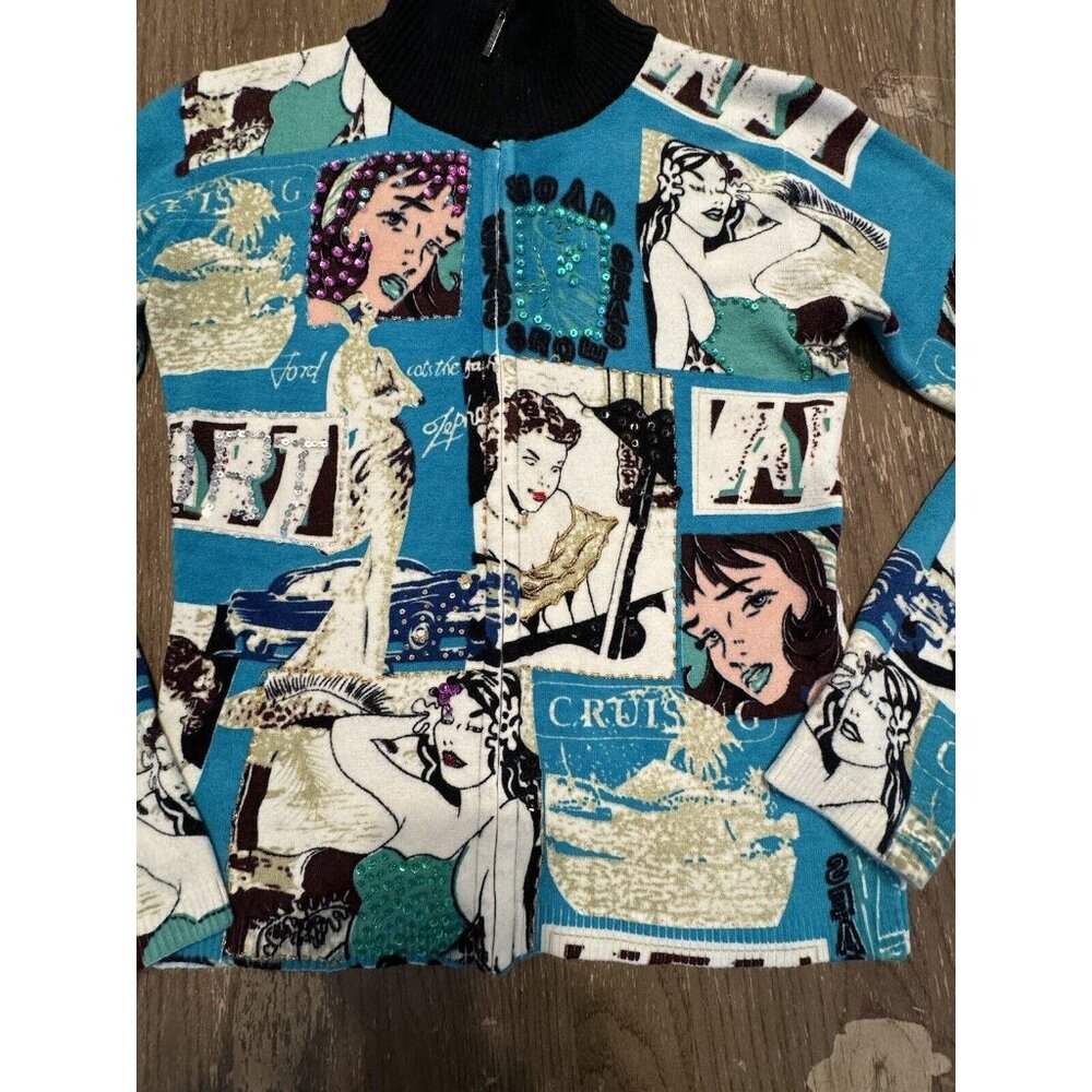 vtg noun Paris full zip cardigan Sweater Jacket Sequin Pin Up Girl Aqua Retro To - Picture 2 of 14